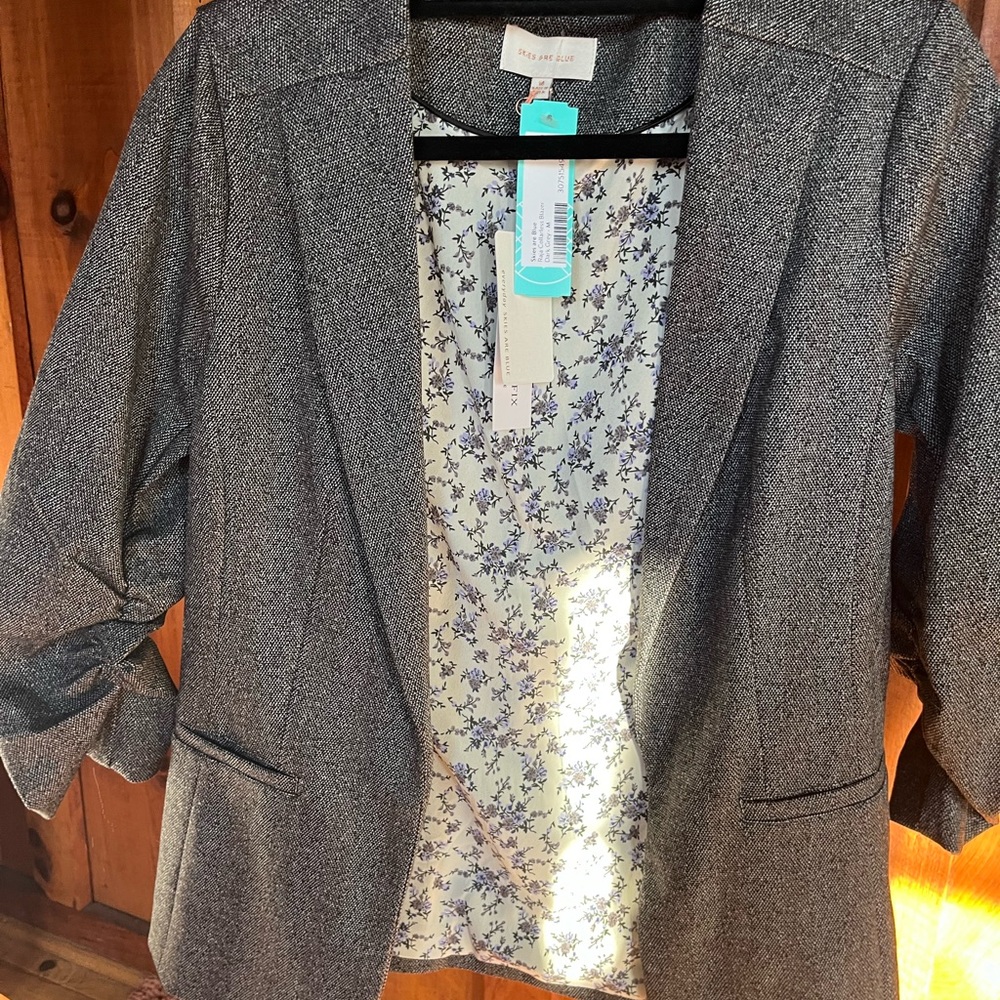 Dark Grey “Skies are Blue” raja collarless blazer with bunched sleeves- medium